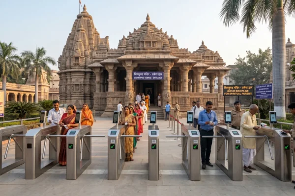 गया जी विष्णुपद मंदिर प्रवेश द्वार पर आधुनिक ऑटोमैटिक टर्नस्टाइल गेट और कतार व्यवस्था