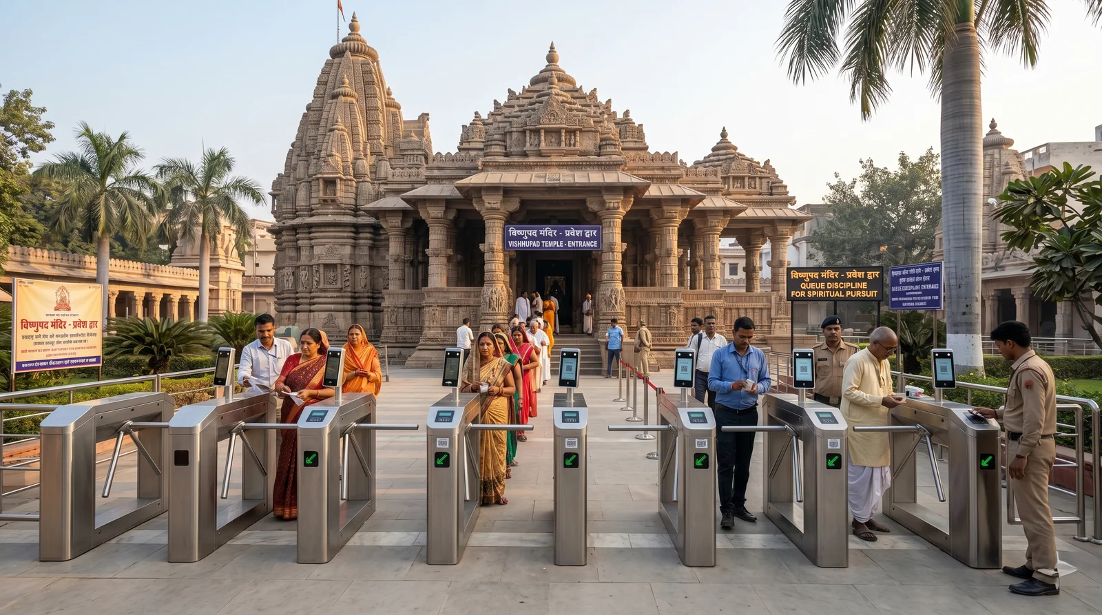 गया जी विष्णुपद मंदिर प्रवेश द्वार पर आधुनिक ऑटोमैटिक टर्नस्टाइल गेट और कतार व्यवस्था