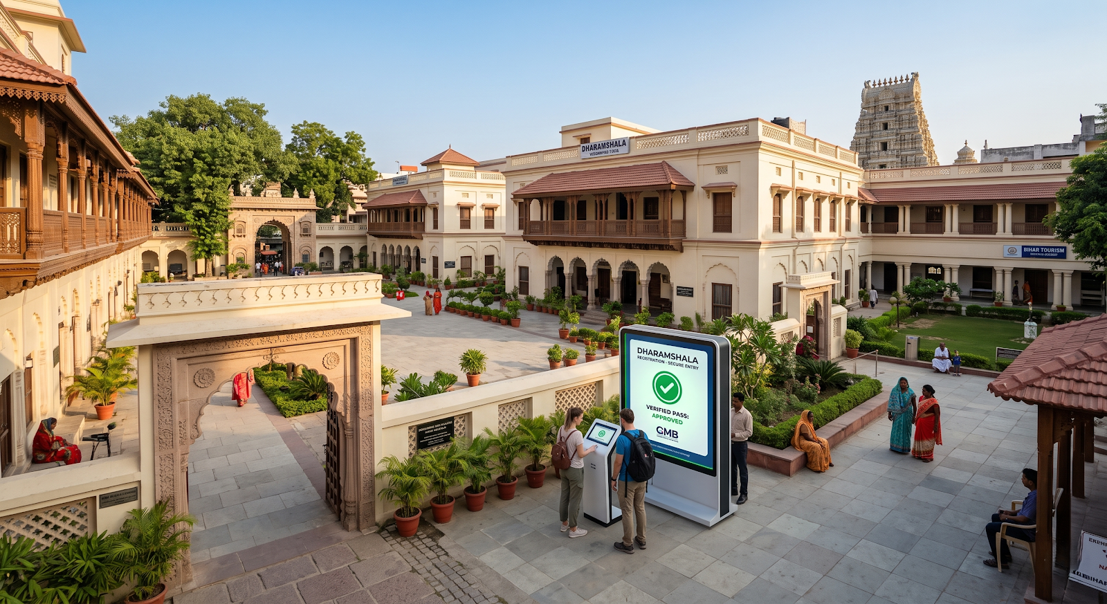 A20clean20professional20cinematic20wide20shot20of20a20heritage20building20dharamshala20inside20a20clean20compound20in20gaya20with20tourists20using20digital20terminals20under20natural20lighting